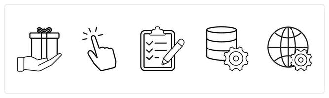 A set of 5 mix icons as present, censor touch, clipboard list in black line color vector