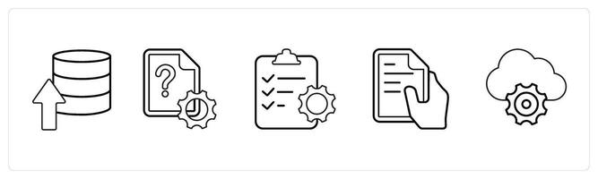 A set of 5 mix icons as upload server, settings document, clipboard in black line color vector