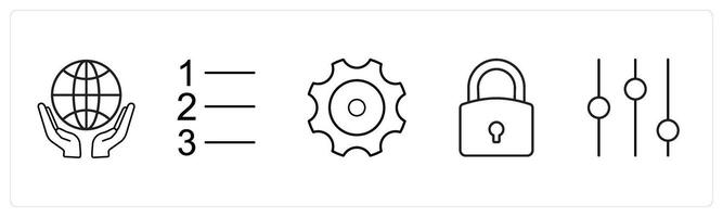 A set of 5 mix icons as save earth, number index, settings in black line color vector