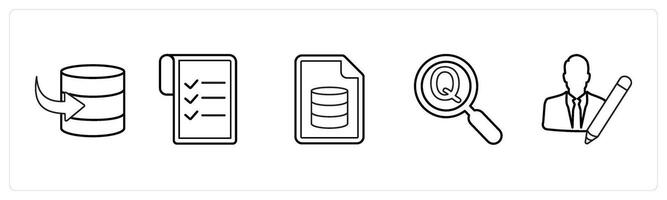 A set of 5 mix icons as received data, data, server document, question in black line color vector