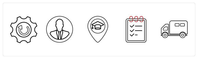 A set of 5 mix icons as update settings, business profile, university location in black line color vector