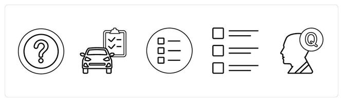 A set of 5 mix icons as have question, car insurance claim, index in black line color vector