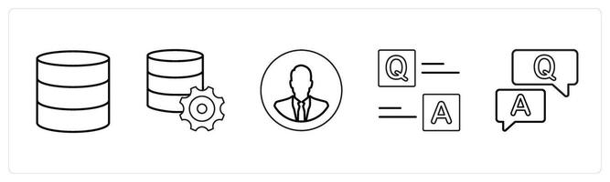 A set of 5 mix icons as database server, server settings, account profile in black line color vector