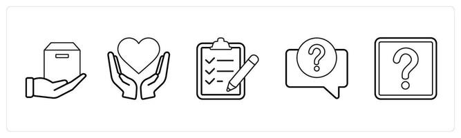 A set of 5 mix icons as parcel, heart care, clipboard list, question in black line color vector