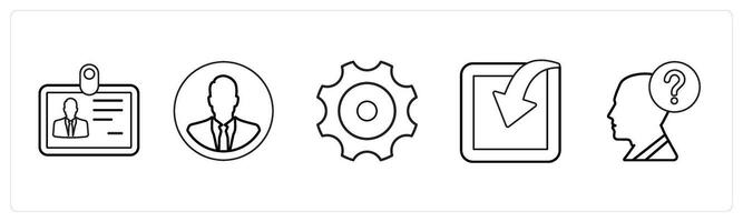 A set of 5 mix icons as id, businessman, gear, settings in black line color vector