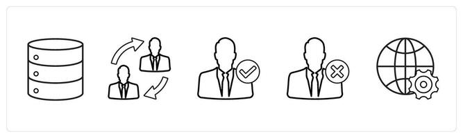 A set of 5 mix icons as database server, duties transfer, verified user in black line color vector