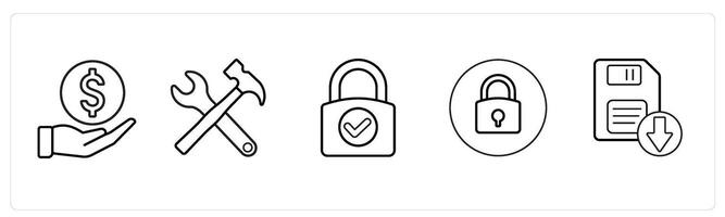 A set of 5 mix icons as receive money, replacement, lock in black line color vector