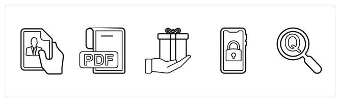 A set of 5 mix icons as profile document, pdf file, present in black line color vector