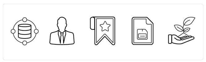 A set of 5 mix icons as data, businessman, bookmark in black line color vector