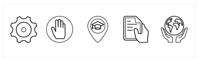 A set of 5 mix icons as settings, raise hand, university location in black line color vector