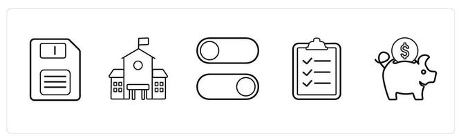 A set of 5 mix icons as floppy, school, toggle switch in black line color vector