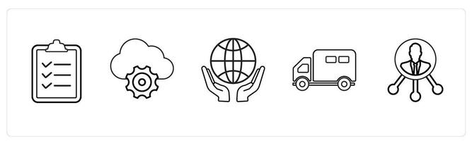 A set of 5 mix icons as clipboard, cloud settings, save earth in black line color vector