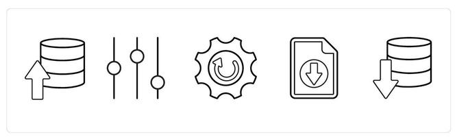 A set of 5 mix icons as upload server, music levels, update settings in black line color vector