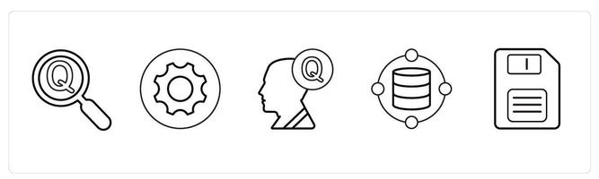 A set of 5 mix icons as question, query, data in black line color vector