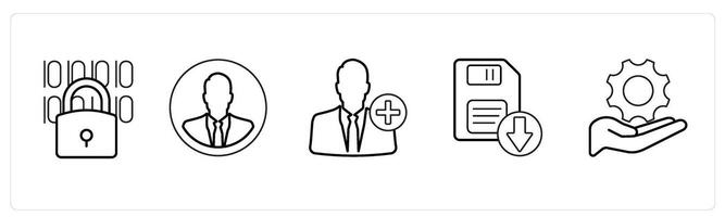 A set of 5 mix icons as programming, businessman, add account in black line color vector