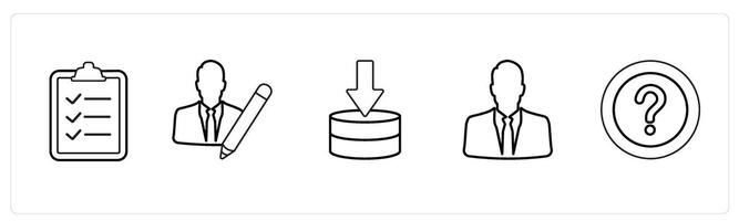 A set of 5 mix icons as checklist, writer, server download in black line color vector