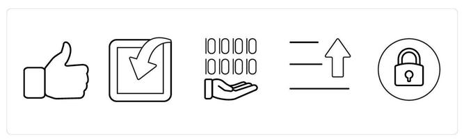 A set of 5 mix icons as thumbs up, arrow download, text upload in black line color vector