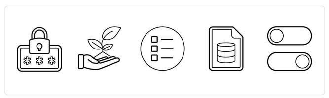 A set of 5 mix icons as security password, ecology, index in black line color vector