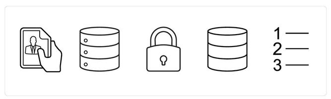 A set of 5 mix icons as profile document, database server, lock in black line color vector