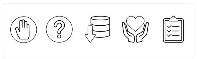A set of 5 mix icons as raise hand, question, download server in black line color vector