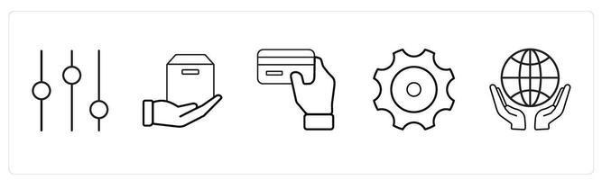 A set of 5 mix icons as music levels, parcel, card in hand in black line color vector