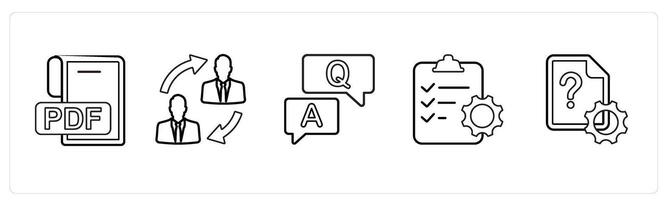 A set of 5 mix icons as pdf file, duties transfer, question answer in black line color vector