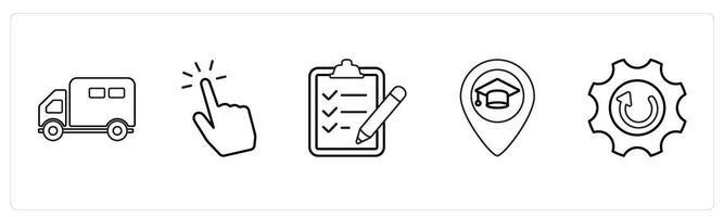 A set of 5 mix icons as van, censor touch, clipboard list in black line color vector