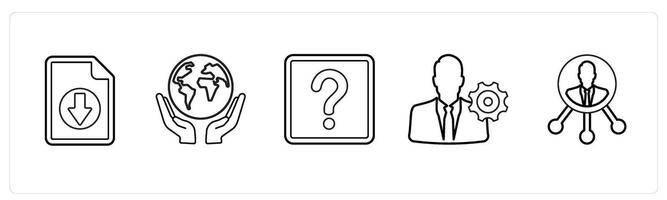 A set of 5 mix icons as download floppy, save earth, question in black line color vector
