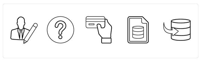 A set of 5 mix icons as writer, question, card in hand in black line color vector