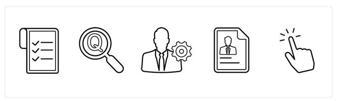 A set of 5 mix icons as data, question, management settings in black line color vector