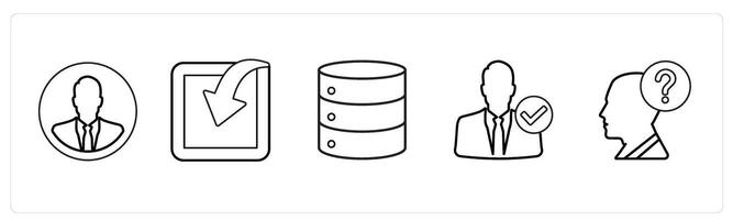 A set of 5 mix icons as businessman, arrow download, database server in black line color vector