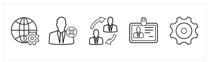 A set of 5 mix icons as global settings, wrong account, duties transfer in black line color vector
