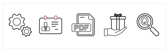 A set of 5 mix icons as gear, id card, pdf file in black line color vector