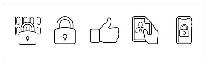 A set of 5 mix icons as programming, protection, thumbs up in black line color vector