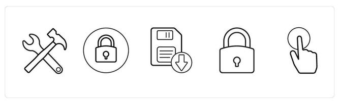 A set of 5 mix icons as replacement, locked, download floppy, lock in black line color vector