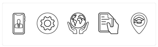 A set of 5 mix icons as mobile account, settings, save earth in black line color vector