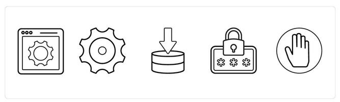 A set of 5 mix icons as webpage settings, settings, server download in black line color vector