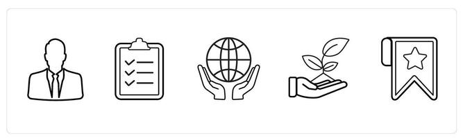 A set of 5 mix icons as businessman, clipboard, save earth in black line color vector
