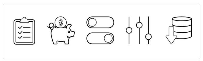 A set of 5 mix icons as checklist, piggy bank savings, toggle switch in black line color vector