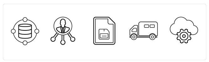 A set of 5 mix icons as data, profile connectivity, floppy in black line color vector