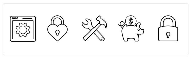A set of 5 mix icons as webpage settings, heart locked, replacement in black line color vector