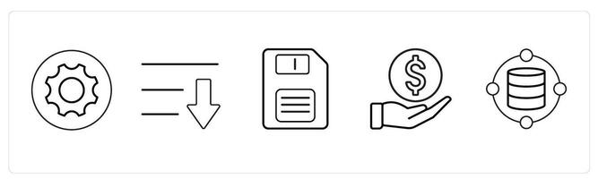 A set of 5 mix icons as settings, download, floppy, receive money in black line color vector