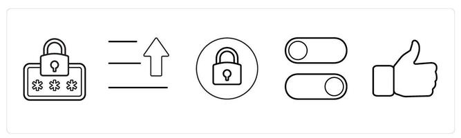 A set of 5 mix icons as security password, text uplaod, locked in black line color vector