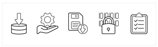 A set of 5 mix icons as server download, settings, download floppy in black line color vector