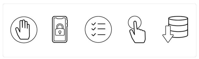A set of 5 mix icons as raise hand, mobile security, list tick mark in black line color vector