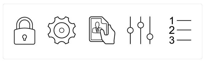 A set of 5 mix icons as lock, settings, profile document, music levels in black line color vector