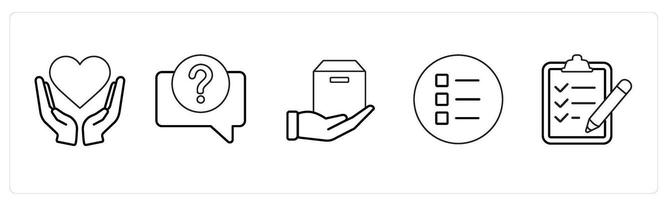 A set of 5 mix icons as heart care, question, parcel, index in black line color vector