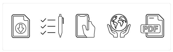 A set of 5 mix icons as download floppy, list, have power in hand in black line color vector