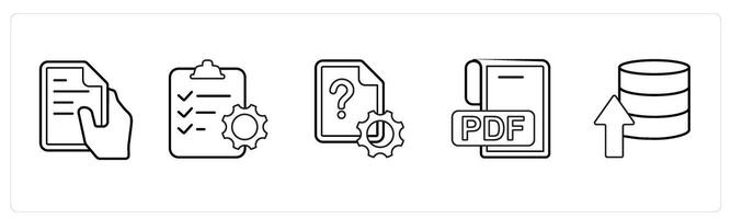 A set of 5 mix icons as text file, clipboard, settings document, pdf file in black line color vector