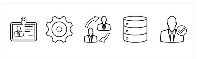 A set of 5 mix icons as id, gear, duties transfer in black line color vector